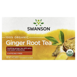 Swanson, 100% органический чай из корня имбиря, без кофеина, 20 чайных пакетиков, 40 г (1,4 унции)
