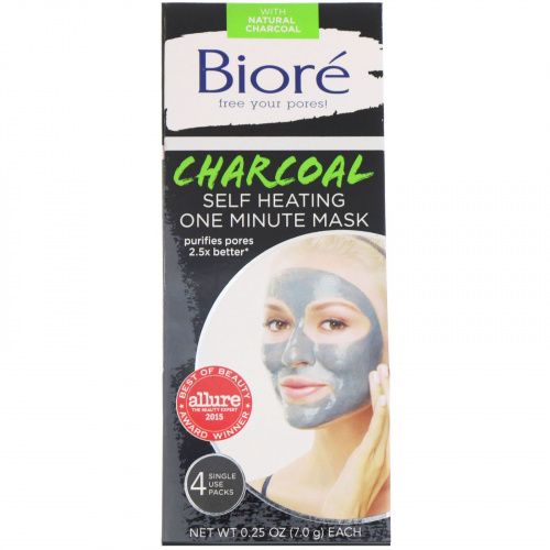 Biore, самонагревающаяся одноминутная маска с углем, 4 одноразовых пакета по 7 г (0,25 унции)