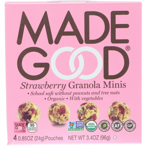 MadeGood, Органический продукт, Гранола Minis, клубника, 4 пакета, каждый по 24 г (0,85 унции)