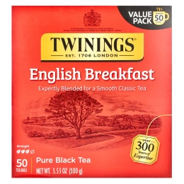 Twinings, Pure Black Tea, English Breakfast, 50 чайных пакетиков, 100 г (3,53 унции)
