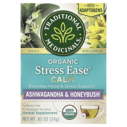 Traditional Medicinals, Organic Stress Ease® Calm, ашваганда и ханибуш, без кофеина, 16 чайных пакетиков в упаковке, 24 г (0,85 унции)