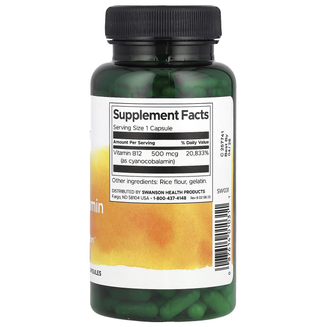 Swanson, Витамин B12 (цианокобаламин), 500 мкг, 250 капсул