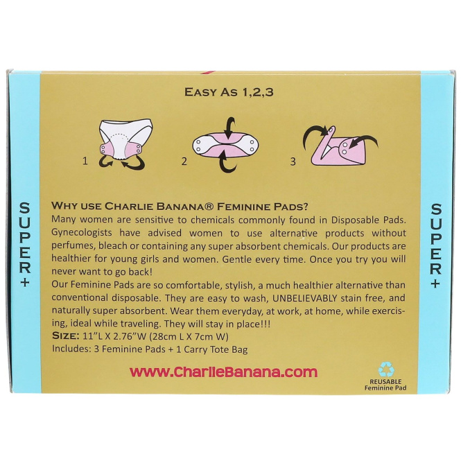 Charlie Banana, Суерженские прокладки, белые, 3 прокладки + 1 эко-сумка