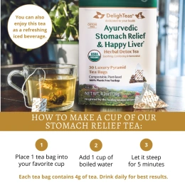 DelighTeas, Ayurvedic Stomach Relief & Happy Liver, травяной чай для выведения токсинов, без кофеина, 30 роскошных чайных пакетиков Pyramid, 120 г (4,2 унции)