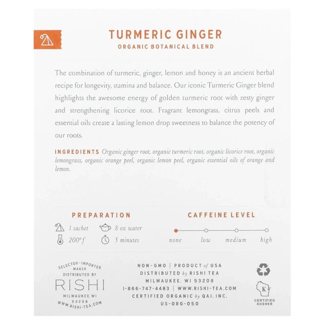 Rishi Tea, органический чай с куркумой и имбирём, без кофеина, 15 пакетиков, 46,5 г (1,64 унции)