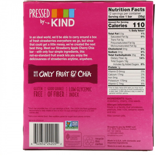 KIND Bars, Pressed by KIND, Strawberry Apple Cherry Chia, 12 Fruit Bars, 1.2 oz (35 g) Each