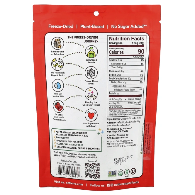 Natierra, Органическая сублимированная клубника, 23 г (0,8 унции)