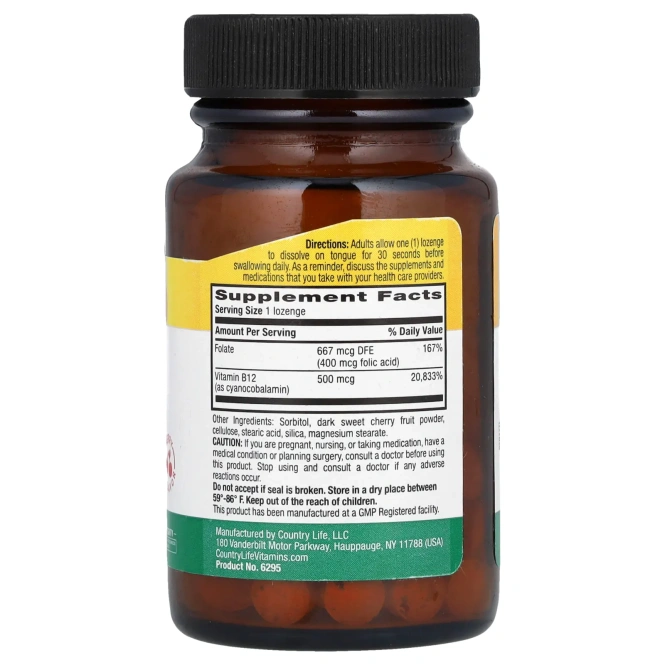 Country Life, Витамин B12, подъязычный, вишневый аромат, 500 мкг, 100 леденцов