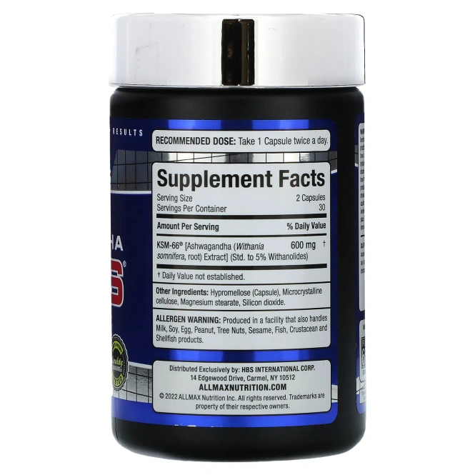 ALLMAX, Essentials, ашваганда KSM-66, 600 мг, 60 растительных капсул (300 мг на капсулу)