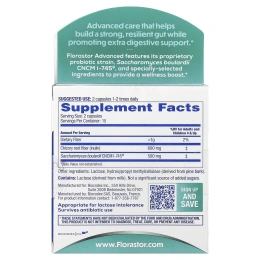 Florastor, Advanced, Pro + Pre, Probiotic & Prebiotic Fiber Supplement, 30 Vegetarian Capsules