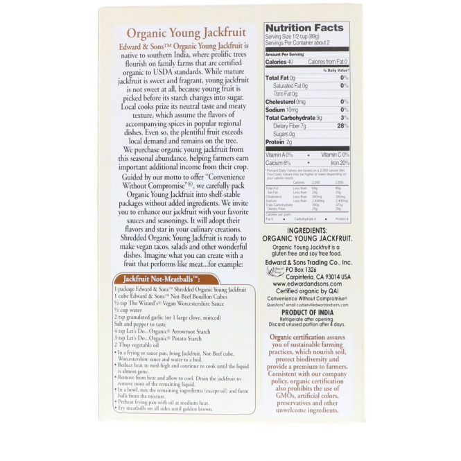 Edward & Sons, Органический молодой джекфрут, без приправ измельченный, 200 г