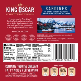 King Oscar, сардины дикого улова, в нерафинированном оливковом масле высшего качества, с белым винным уксусом и каперсами, 106 г (3,75 унции)