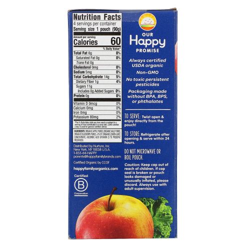 Happy Family Organics, Happy Squeeze, органические суперпродукты, Twist, органические яблоко, капуста и голубика, 4 упаковки, 3,17 унции (90 г) в каждой