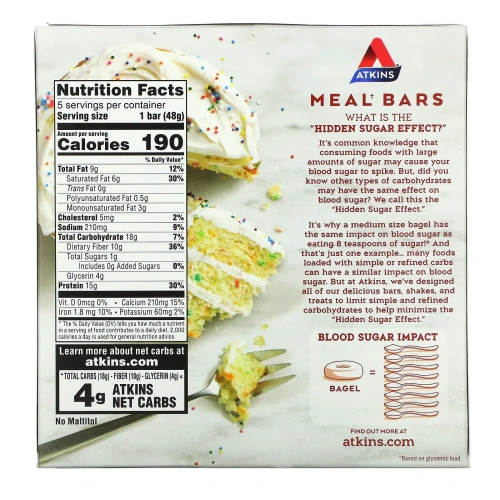 Atkins, Protein Meal Bar, Батончик на день рождения, 5 батончиков, 1,69 унции (48 г) каждый