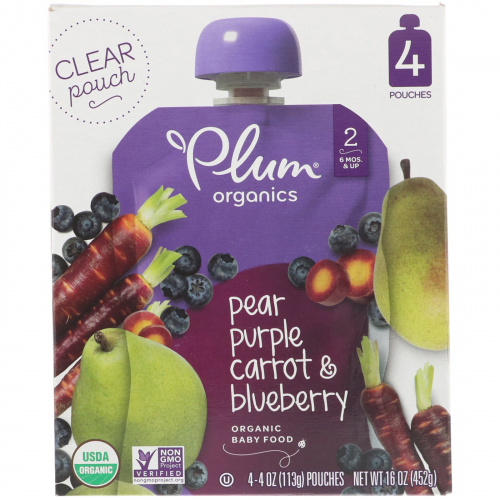 Plum Organics, Органическое детское питание, этап 2, груша, фиолетовая морковь и черника,  4 упаковки, 4 унц. (113 г) в каждой