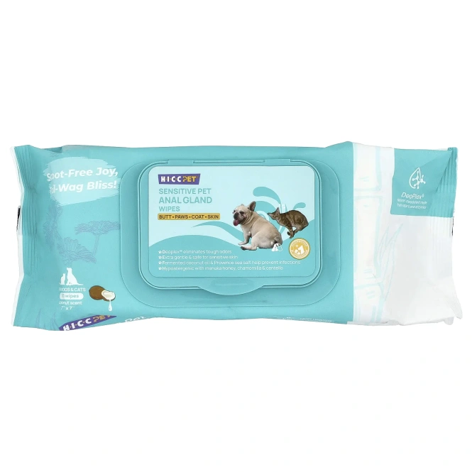 HICC Pet, чувствительные салфетки для анальной железы, для собак и кошек, с кокосом, 100 шт.