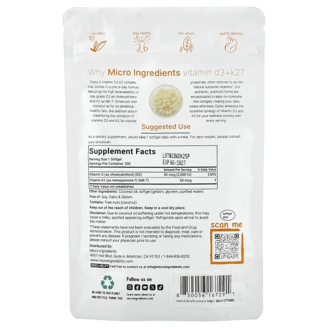 Micro Ingredients, витамины D3 и K2, 300 мягких таблеток