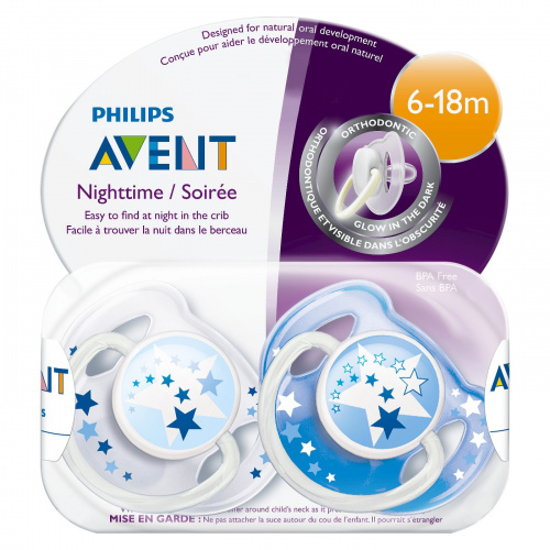 Philips Avent, Ортодонтическая светящаяся в темноте ночная соска-пустышка, для детей 6-18 месяцев, 2 шт. в упаковке