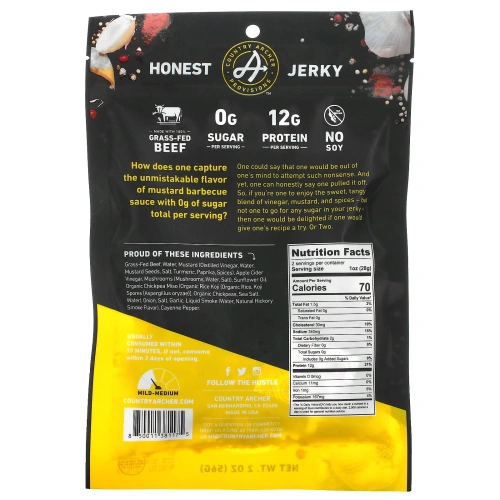 Country Archer Jerky, Grass-Fed Beef Jerky, Mustard BBQ,  2 oz (56 g)