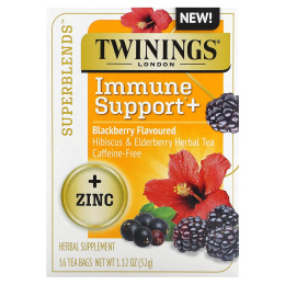Twinings, Superblends™, поддержка иммунитета, травяной чай с гибискусом и бузиной, ежевика, без кофеина, 16 чайных пакетиков, 32 г (1,12 унции)
