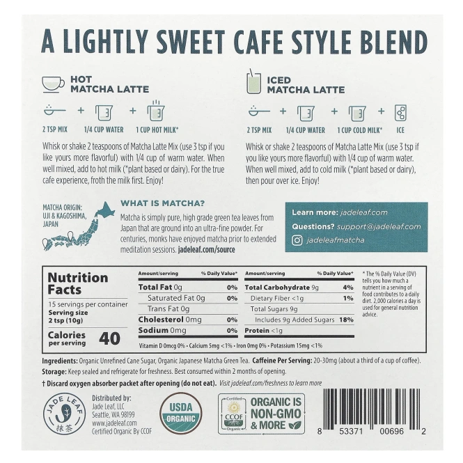 Jade Leaf Matcha, матча латте, классический, 150 г (5,3 унции)