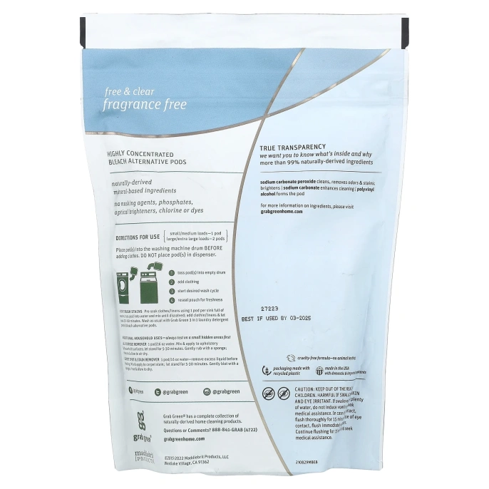 Grab Green, Отбеливающие альтернативные бобы, без ароматизаторов, 24 упаковки, 15,2 унций (432 г)