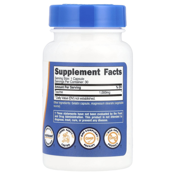 Nutricost, Таурин, 1000 мг, 30 капсул