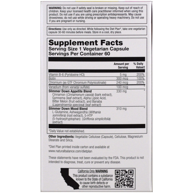 Natural Balance, Slimmer Down, Аппетит и настроение, 60 вегетарианских капсул