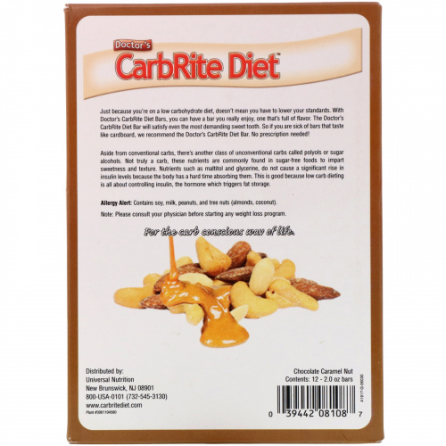 Universal Nutrition, Диета «Doctor's CarbRite», шоколадный карамельный лесной орех, 12 батончиков, по 2.00 унции (56,7 г) каждый