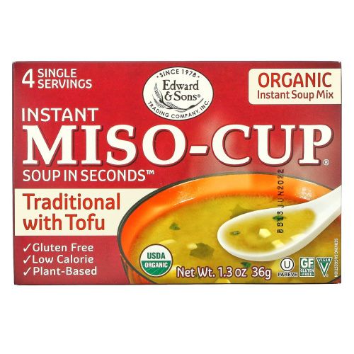 Edward & Sons, Органический мисо-суп, традиционный суп с тофу 4 пакетика по 1 порции, 9 г каждый