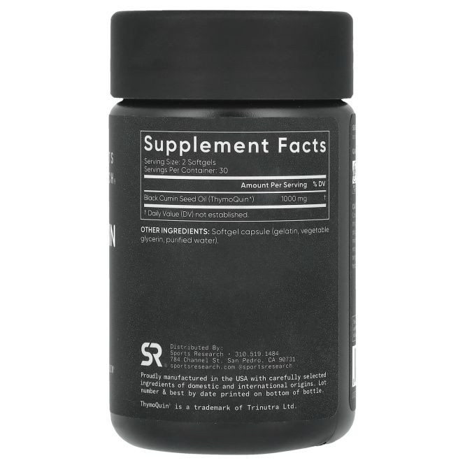 Sports Research, масло из семян черного тмина, холодного отжима, 1000 мг, 60 капсул (500 мг в 1 капсуле)