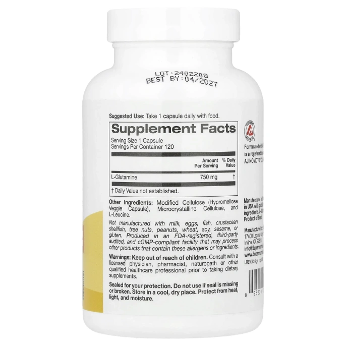 Super Nutrition, L-глютамин, 750 мг, 120 растительных капсул