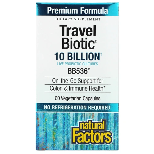 Natural Factors, "TravelBiotic", пробиотик с BB536, 10 миллиардов активных бактерий, 60 капсул в растительной оболочке