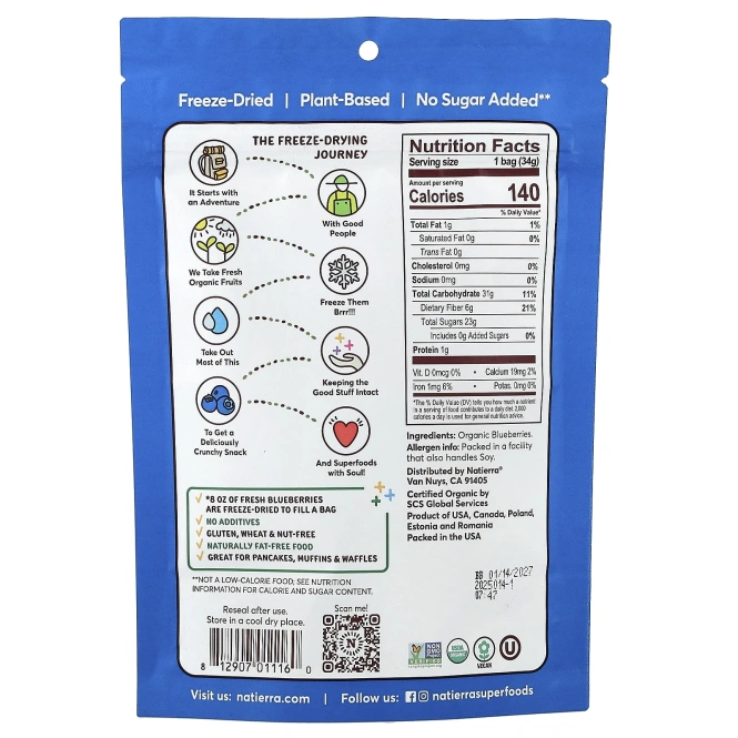 Natierra, Органическая сублимированная голубика, 34 г (1,2 унции)