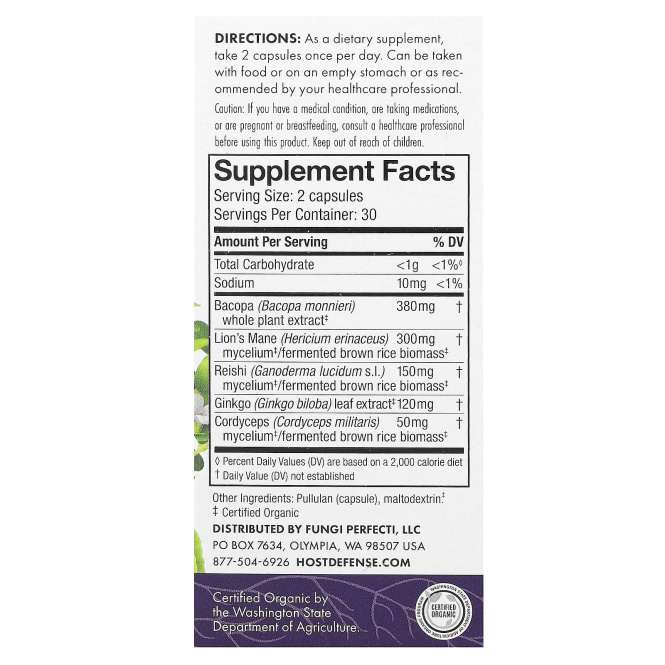 Fungi Perfecti, "Грибы и травы для мозга" из серии "Грибы для защиты организма", пищевая добавка из грибов и трав для улучшения работы мозга, 60 капсул в растительной оболочке