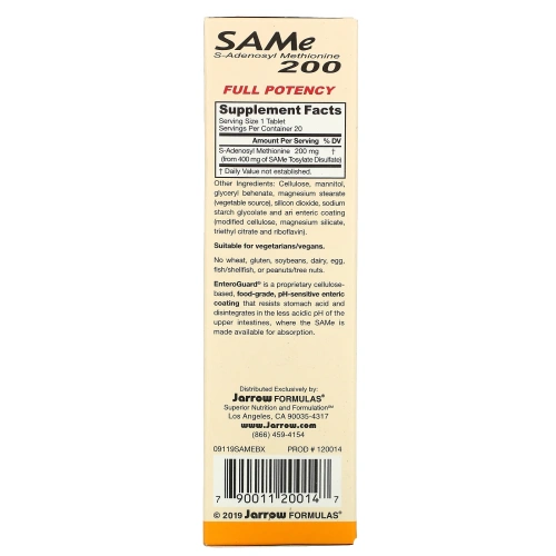 Jarrow Formulas, SAM-e (S-Adenosyl-L-Methionine) 200, 200 мг, 20 кишечнорастворимых таблеток