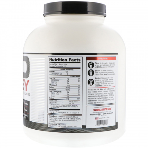 Labrada Nutrition, ISO Whey, 100% изолят сывороточного протеина, ваниль 5 фунтов (2268 g)