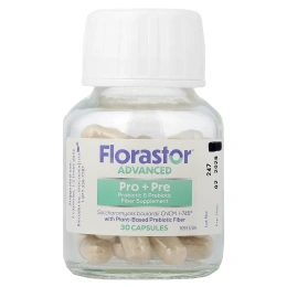 Florastor, Advanced, Pro + Pre, Probiotic & Prebiotic Fiber Supplement, 30 Vegetarian Capsules