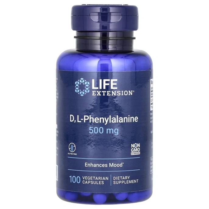 Life Extension, D, L-фенилаланин, 500 мг, 100 вегетарианских капсул