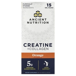 Ancient Nutrition, креатин с коллагеном, апельсин, 15 желатиновых упаковок по 30 мл (1 жидк. унция)
