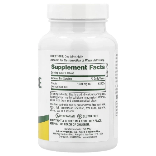 Nature's Plus, Ниацинамид, 1000 мг, 90 таблеток