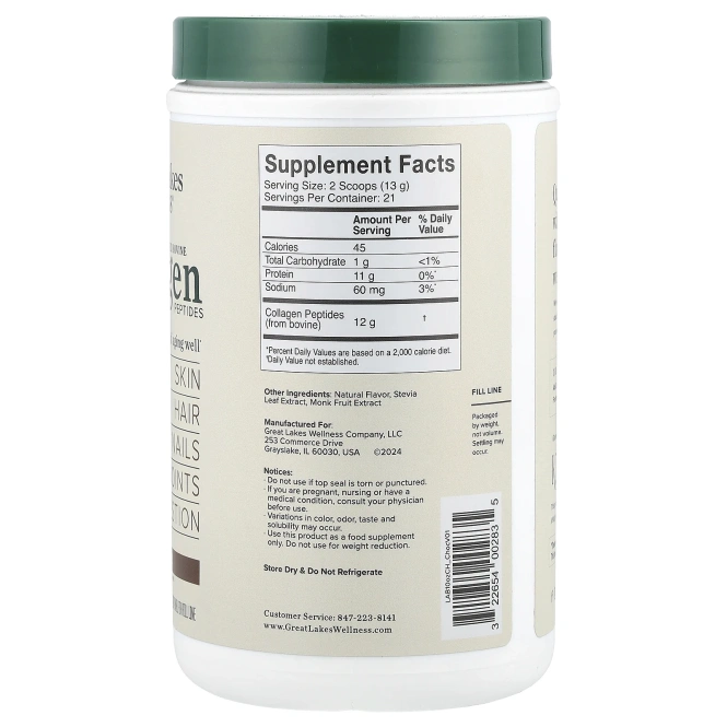 Great Lakes Wellness, Пептиды бычьего коллагена от травяного откорма, шоколад, 284 г (10 унций)