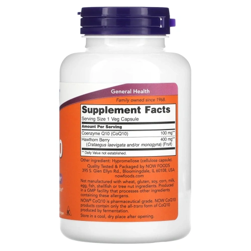NOW Foods, CoQ10 с ягодами боярышника, 100 мг, 180 растительных капсул