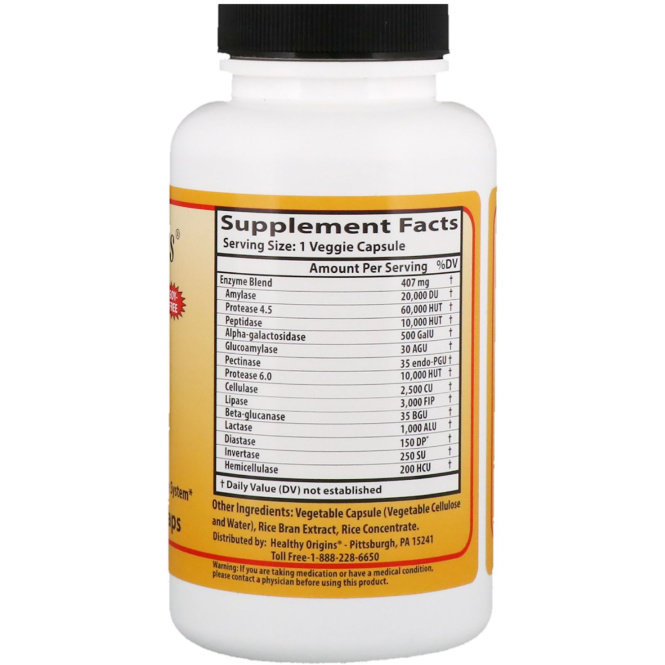 Healthy Origins, Пищеварительные ферменты широкого спектра, 180 вегетарианских капсул