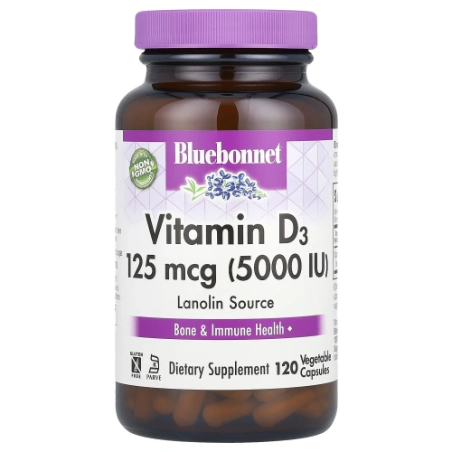 Bluebonnet Nutrition, Витамин D3, 5000 МЕ, 120 капсул в растительной оболочке