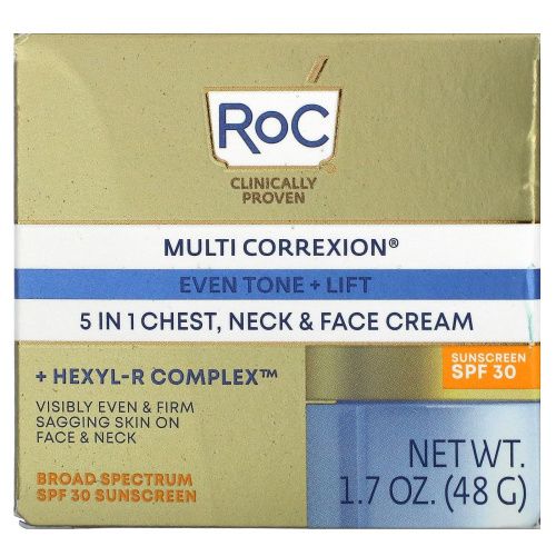 RoC, Multi Correxion, Ровный тон + Подтяжка, Крем 5 в 1 для груди, шеи и лица, SPF 30, 1,7 унции (48 г)