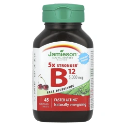 Jamieson Vitamins, 5X Stronger Vitamin B12, натуральная вишня, 5000 мкг, 45 сублингвальных таблеток