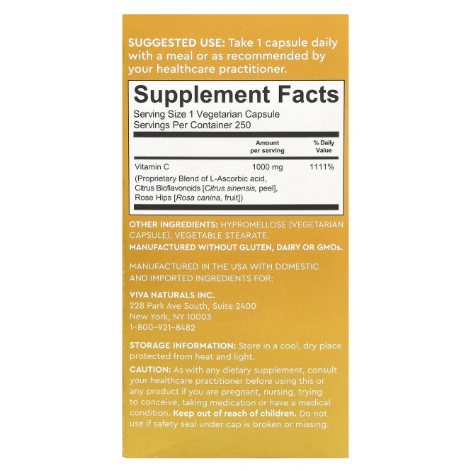 Viva Naturals, Витамин C, 1000 мг, 250 растительных капсул