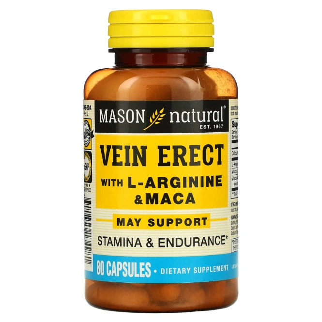 Mason Natural, Vein Erect с L-аргинином и макой, 80 капсул