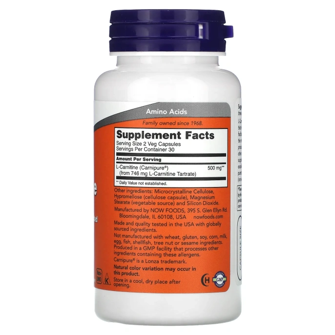 Now Foods, L-карнитин тартрат Carnipure, 250 мг, 60 капсул
